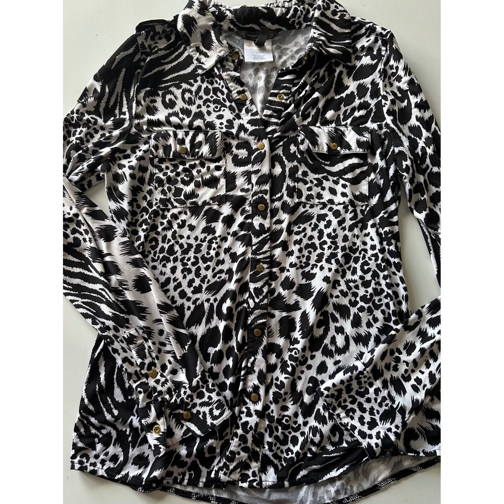 BCBGMAXAZRIA Womens Animal Print Button Down Shirt Black White Leopard Zebra M